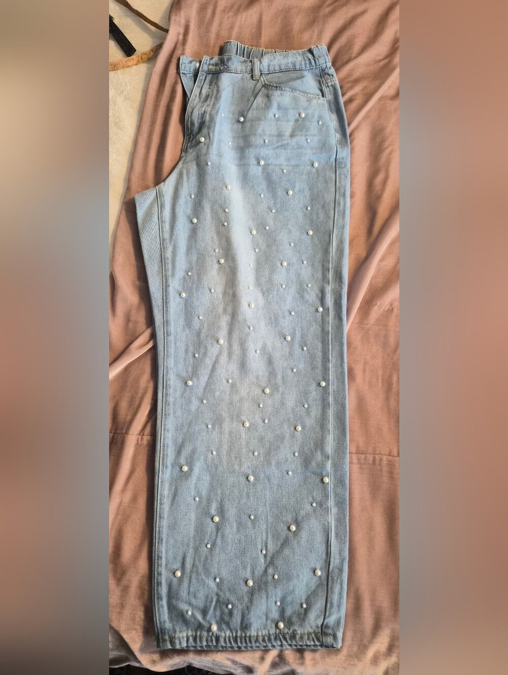 Pearl-Embellished Light Blue Jeans
